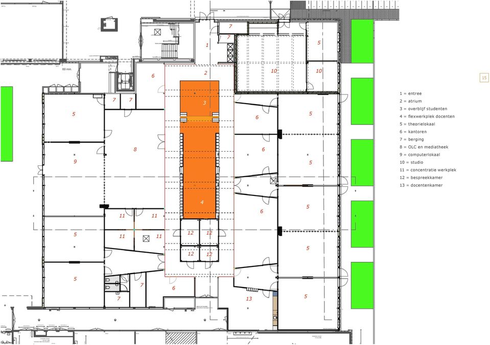 = OLC en mediatheek 9 = computerlokaal 10 = studio 11 = concentratie