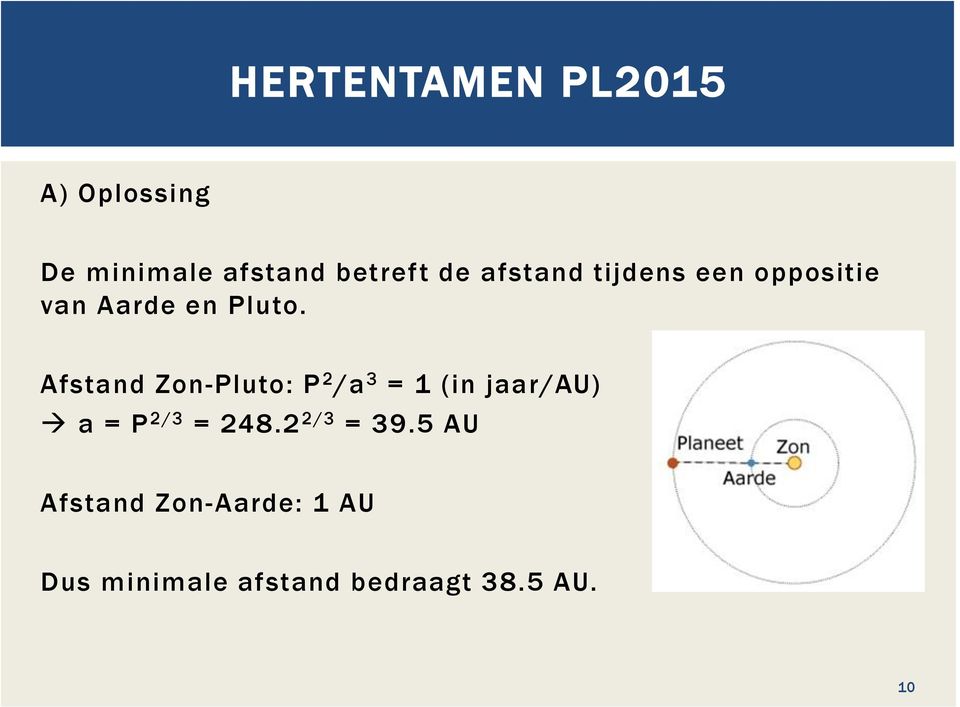 Afstand Zon-Pluto: P 2 /a 3 = 1 (in jaar/au) a = P 2/3 = 248.