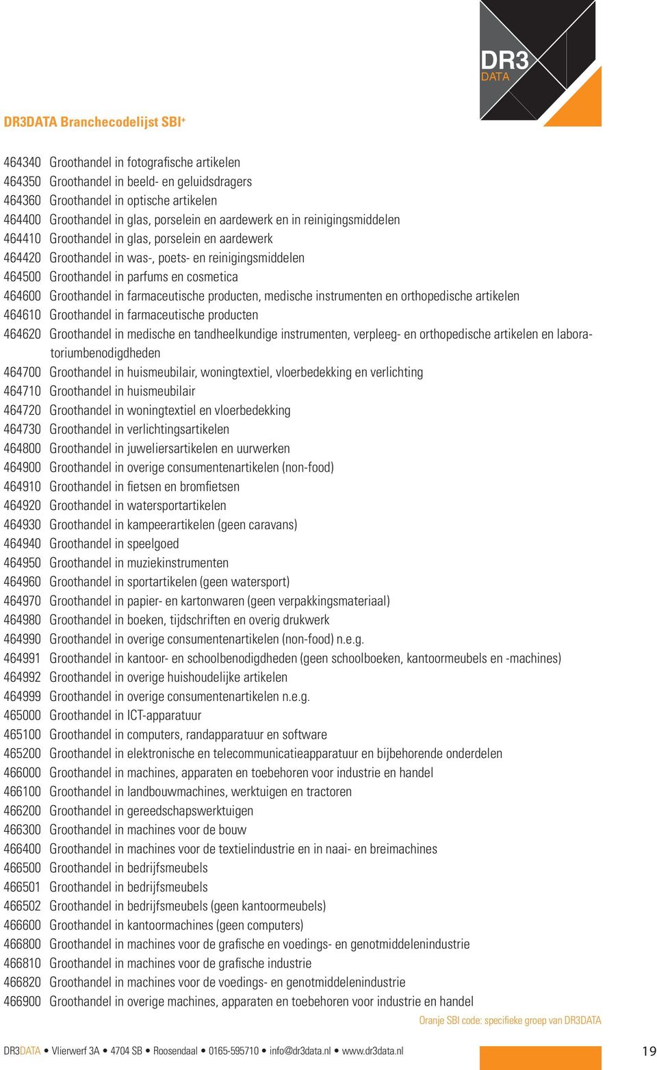 Groothandel in farmaceutische producten, medische instrumenten en orthopedische artikelen 464610 Groothandel in farmaceutische producten 464620 Groothandel in medische en tandheelkundige