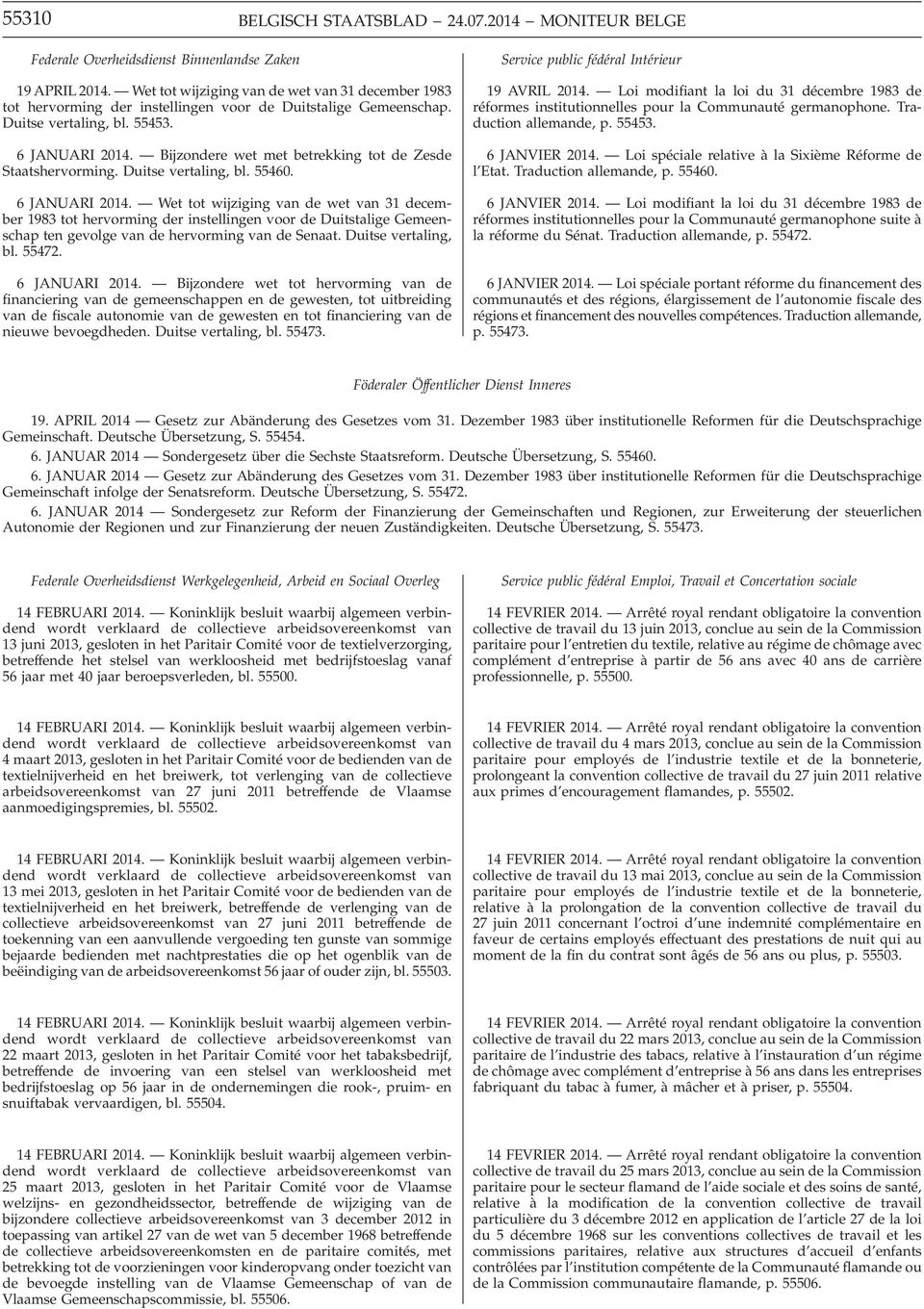 Bijzondere wet met betrekking tot de Zesde Staatshervorming. Duitse vertaling, bl. 55460. 6 JANUARI 2014.