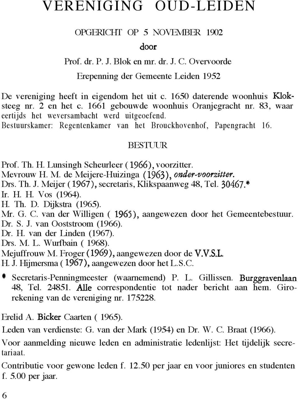 Bestuurskamer: Regentenkamer van het Brouckhovenhof, Papengracht 16. BESTUUR Prof. Th. H. Lunsingh Scheurleer ( 1966), voorzitter. Mevrouw H. M. de Meijere-Huizinga (1963), onder-voorzijjer. Drs. Th. J.