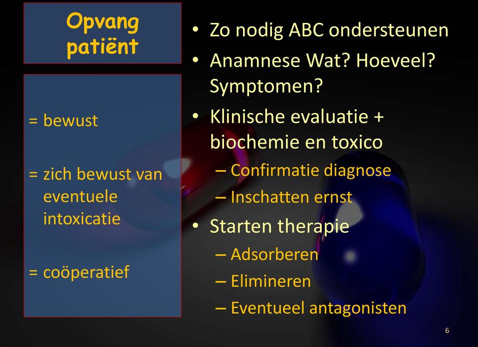 Klinische evaluatie + biochemie en toxico Confirmatie diagnose