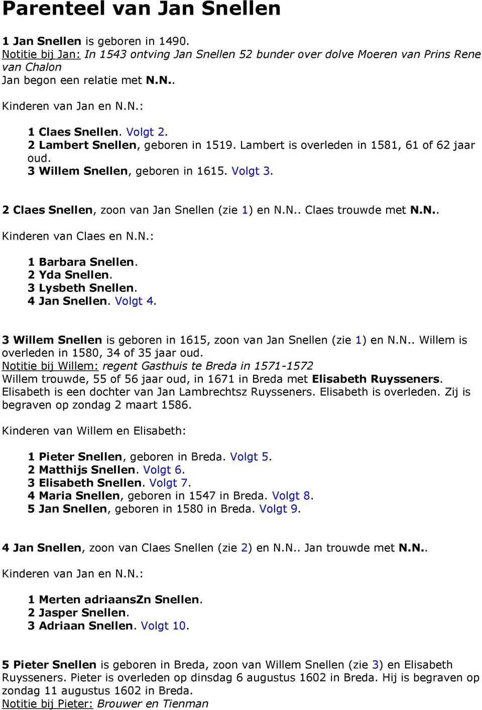 2 Claes Snellen, zoon van Jan Snellen (zie 1) en N.N.. Claes trouwde met N.N.. Kinderen van Claes en N.N.: 1 Barbara Snellen. 2 Yda Snellen. 3 Lysbeth Snellen. 4 Jan Snellen. Volgt 4.