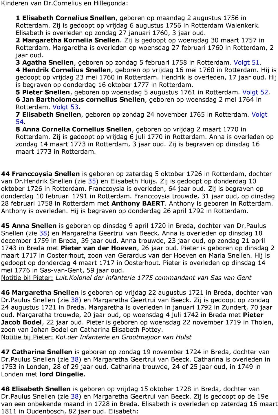 Margaretha is overleden op woensdag 27 februari 1760 in Rotterdam, 2 jaar oud. 3 Agatha Snellen, geboren op zondag 5 februari 1758 in Rotterdam. Volgt 51.