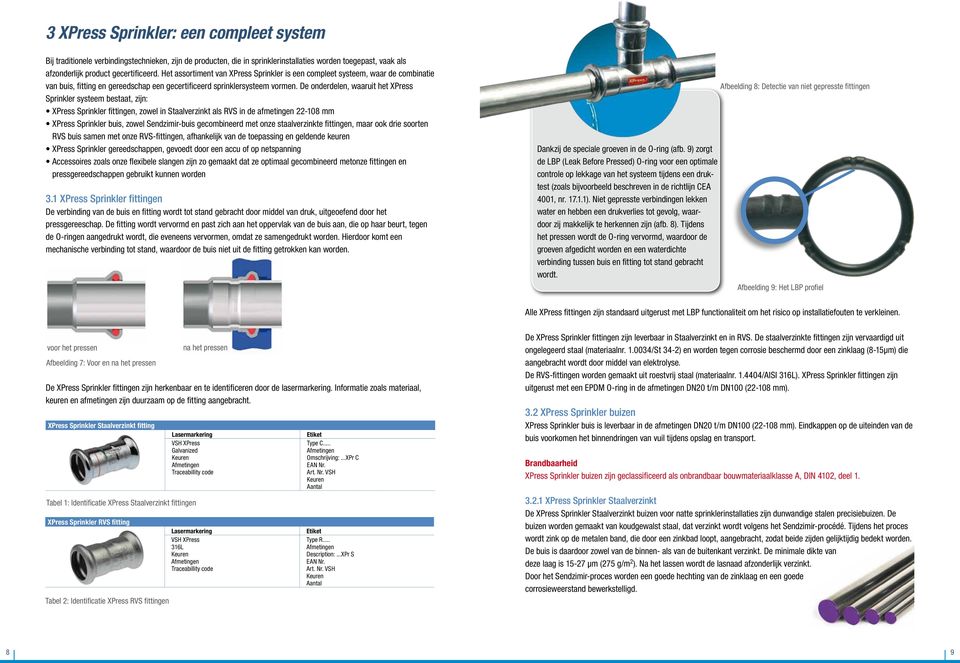 De onderdelen, waaruit het XPress Sprinkler systeem bestaat, zijn: XPress Sprinkler fittingen, zowel in Staalverzinkt als RVS in de afmetingen 22-108 mm XPress Sprinkler buis, zowel Sendzimir-buis