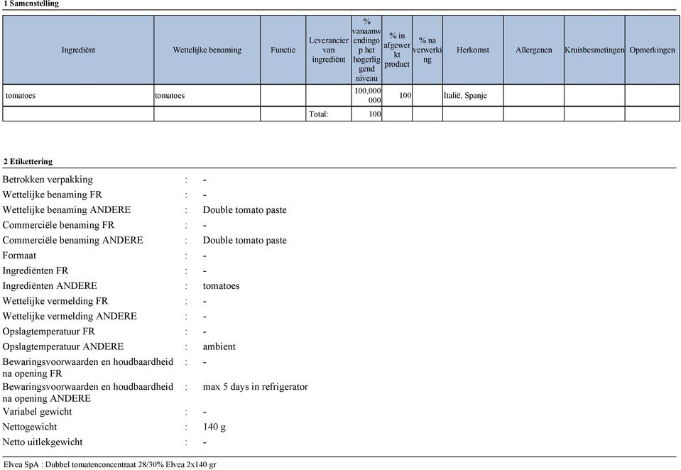 benaming ANDERE Formaat Ingrediënten FR Ingrediënten ANDERE Wettelijke vermelding FR Wettelijke vermelding ANDERE Opslagtemperatuur FR Opslagtemperatuur ANDERE Bewaringsvoorwaarden en houdbaardheid