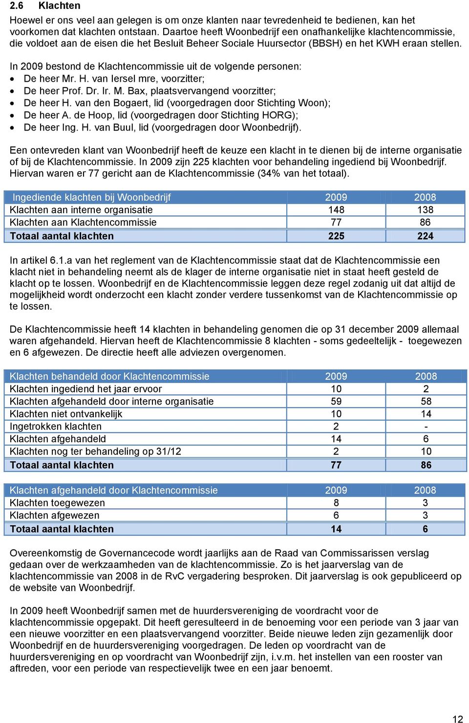 In 2009 bestond de Klachtencommissie uit de volgende personen: De heer Mr. H. van Iersel mre, voorzitter; De heer Prof. Dr. Ir. M. Bax, plaatsvervangend voorzitter; De heer H.