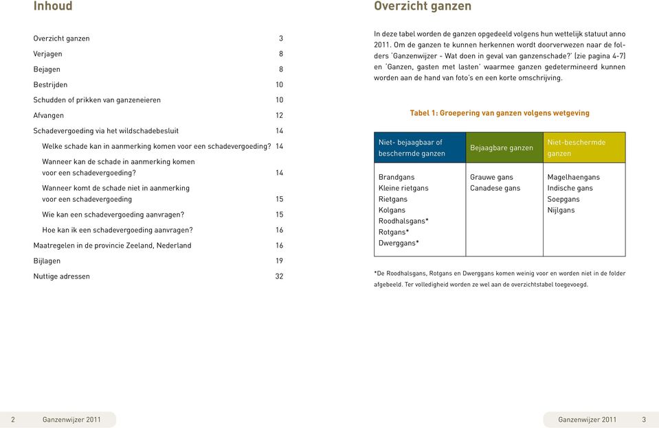 (zie pagina 4-7) en Ganzen, gasten met lasten waarmee ganzen gedetermineerd kunnen worden aan de nd van foto s en een korte omschrijving.