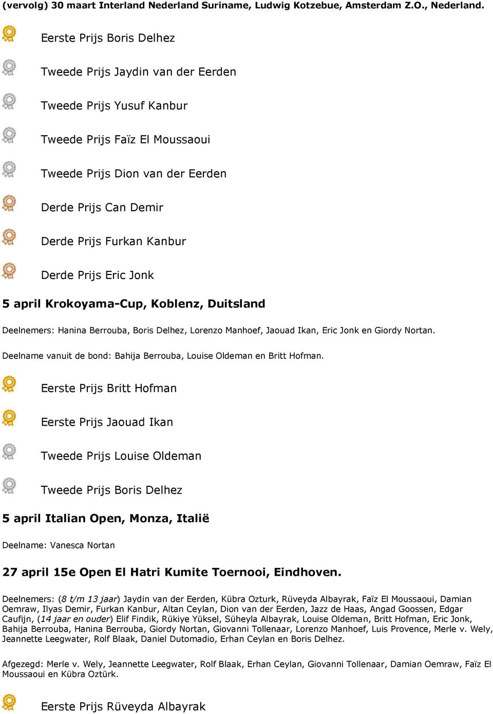 Derde Prijs Eric Jonk 5 april Krokoyama-Cup, Koblenz, Duitsland Deelnemers: Hanina Berrouba, Boris Delhez, Lorenzo Manhoef, Jaouad Ikan, Eric Jonk en Giordy Nortan.