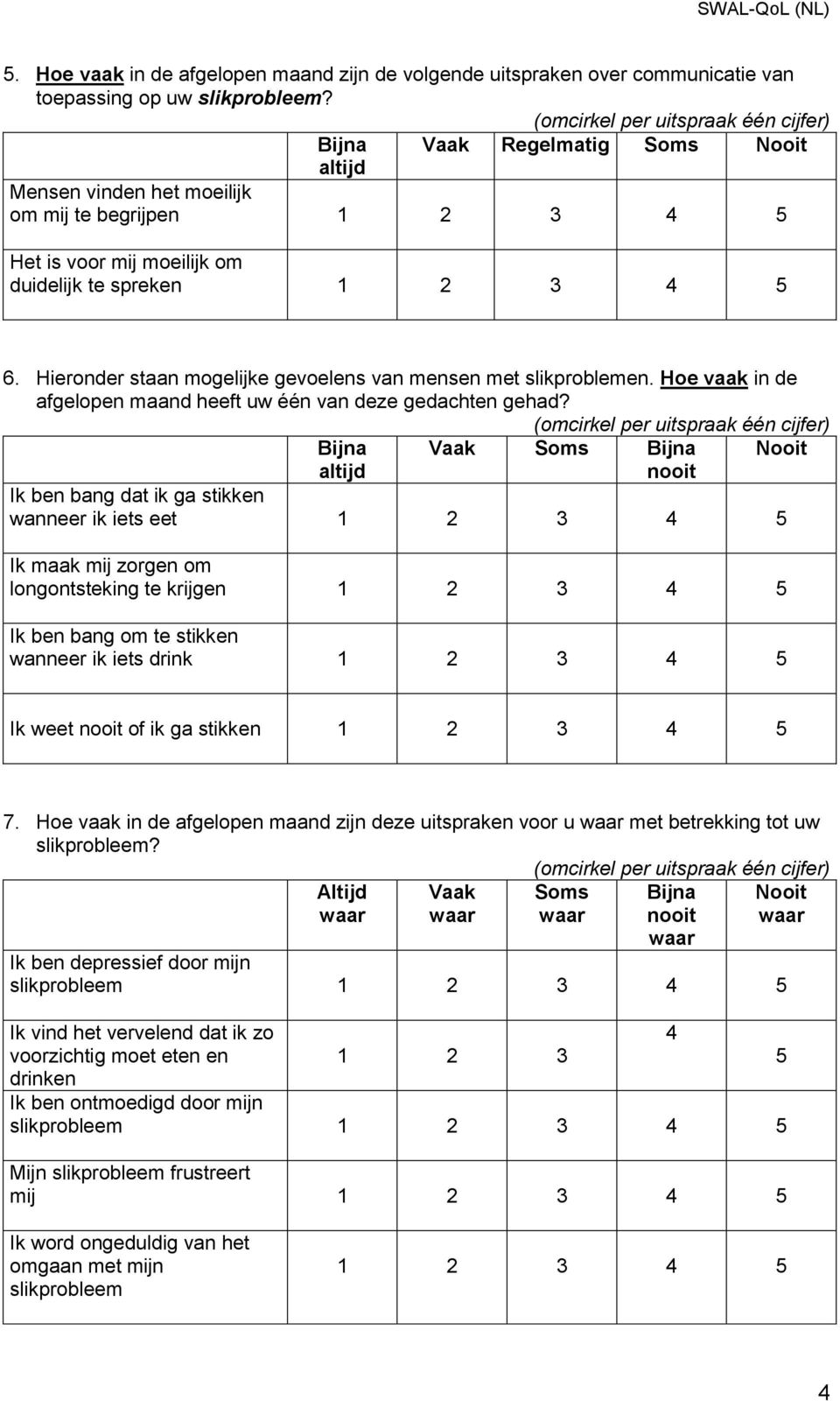 Hoe vaak in de afgelopen maand heeft uw één van deze gedachten gehad?