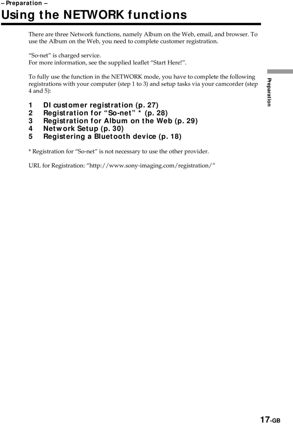 . To fully use the function in the NETWORK mode you have to complete the following registrations with your computer (step 1 to 3) and setup tasks via your camcorder (step 4 and 5): 1 DI customer