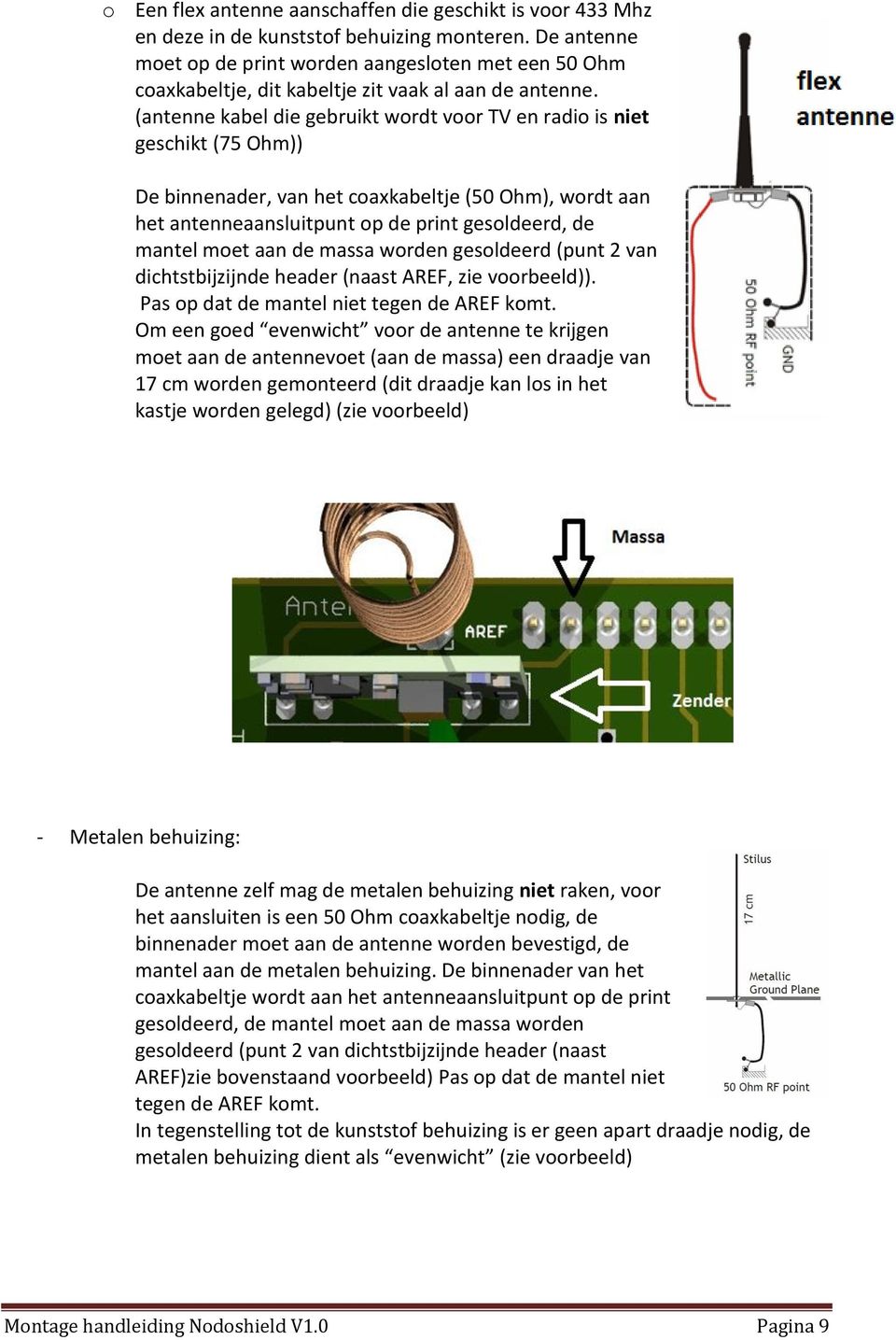 (antenne kabel die gebruikt wordt voor TV en radio is niet geschikt (75 Ohm)) De binnenader, van het coaxkabeltje (50 Ohm), wordt aan het antenneaansluitpunt op de print gesoldeerd, de mantel moet