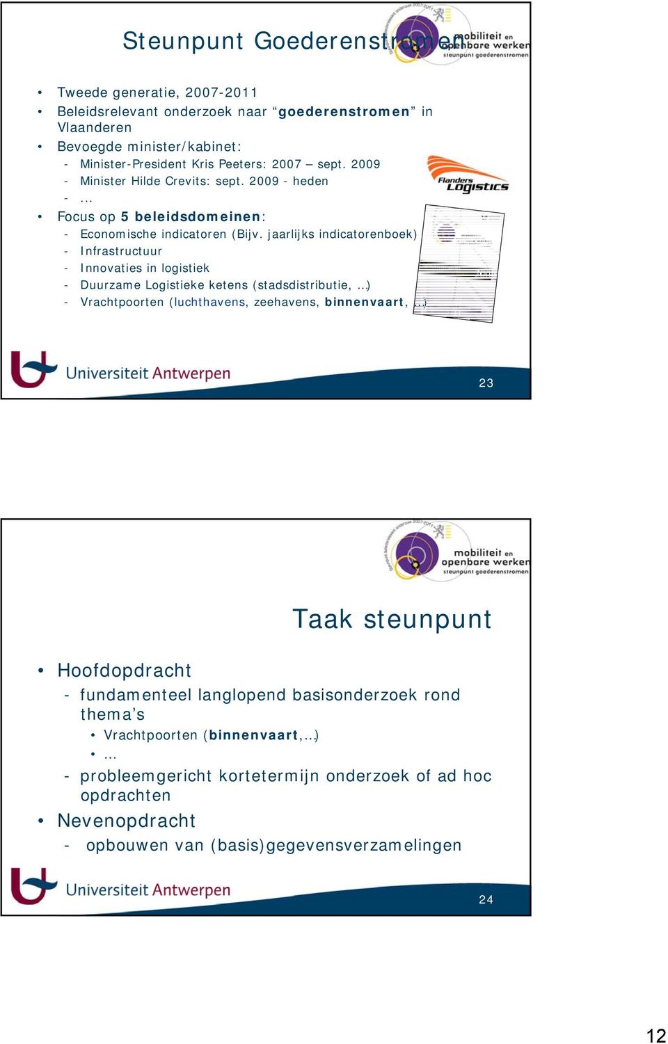 jaarlijks indicatorenboek) - Infrastructuur - Innovaties in logistiek - Duurzame Logistieke ketens (stadsdistributie, ) - Vrachtpoorten (luchthavens, zeehavens, binnenvaart, ) 23