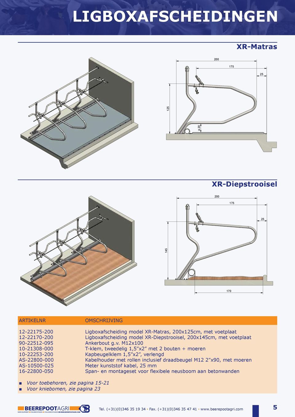 ZM Voor toebehoren, zie pagina 15-21 Voor kniebomen, zie pagina 23 Ligboxafscheiding model XR-Matras, 200x1cm, met voetplaat Ligboxafscheiding model XR-Diepstrooisel, 200x145cm, met voetplaat