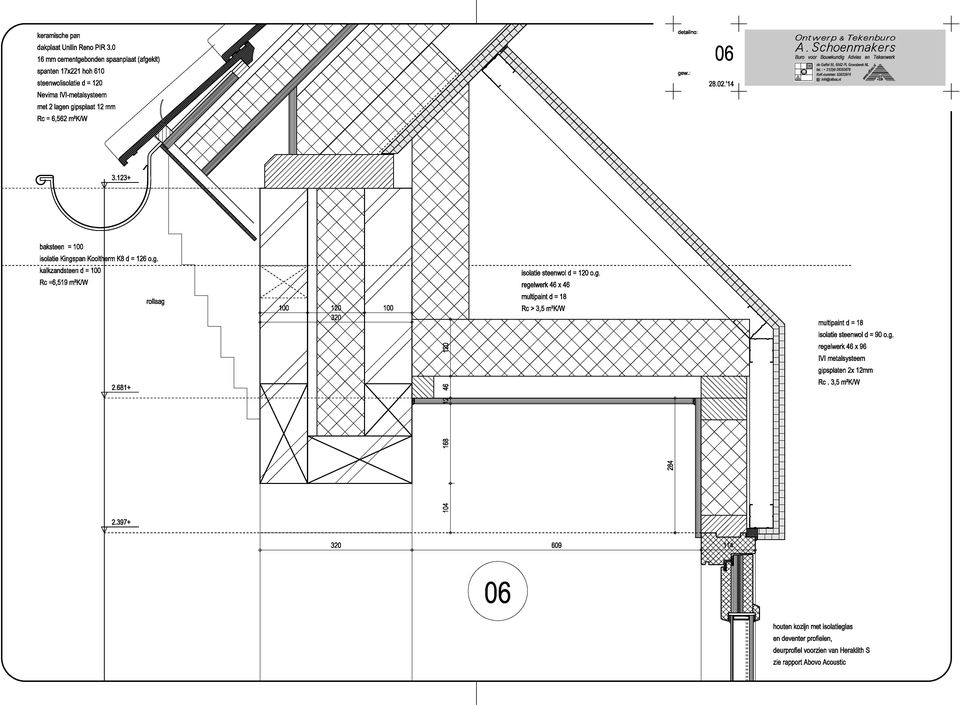 nl Teken w erk ķ Nevima M-metalsysteem met 2 lagen gipsplaat 12 mm Rc = 6,562 rrŕk/w 3.123+ isolatie Kingspan Koolthļerm K8 d = 126 o.g. kalkżanďsteen "d = ĪÒŌ isolatie steenwol d = 120 o.g. 2 Rc=6,519m K/vV regelwerk 46 x 46 rollaag z 100 z 2.