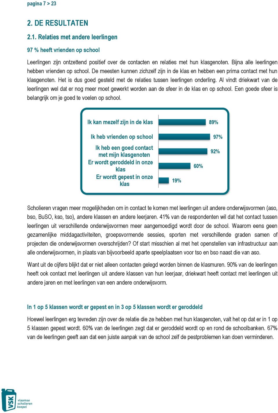 Het is dus goed gesteld met de relaties tussen leerlingen onderling. Al vindt driekwart van de leerlingen wel dat er nog meer moet gewerkt worden aan de sfeer in de klas en op school.