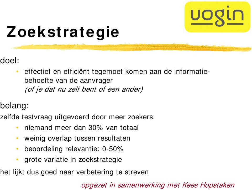 meer dan 30% van totaal weinig overlap tussen resultaten beoordeling relevantie: 0-50% grote variatie