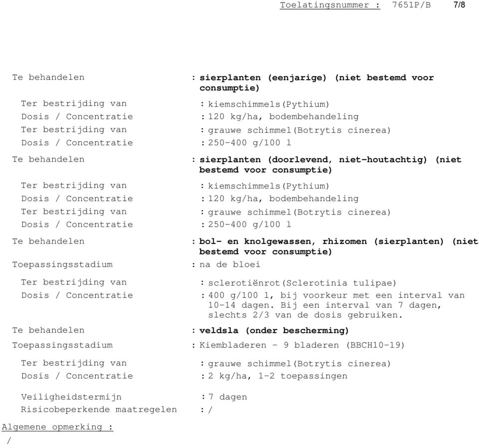 voor consumptie) Toepassingsstadium : na de bloei : sclerotiënrot(sclerotinia tulipae) : 400 g/100 l, bij voorkeur met een interval van 10-14 dagen.