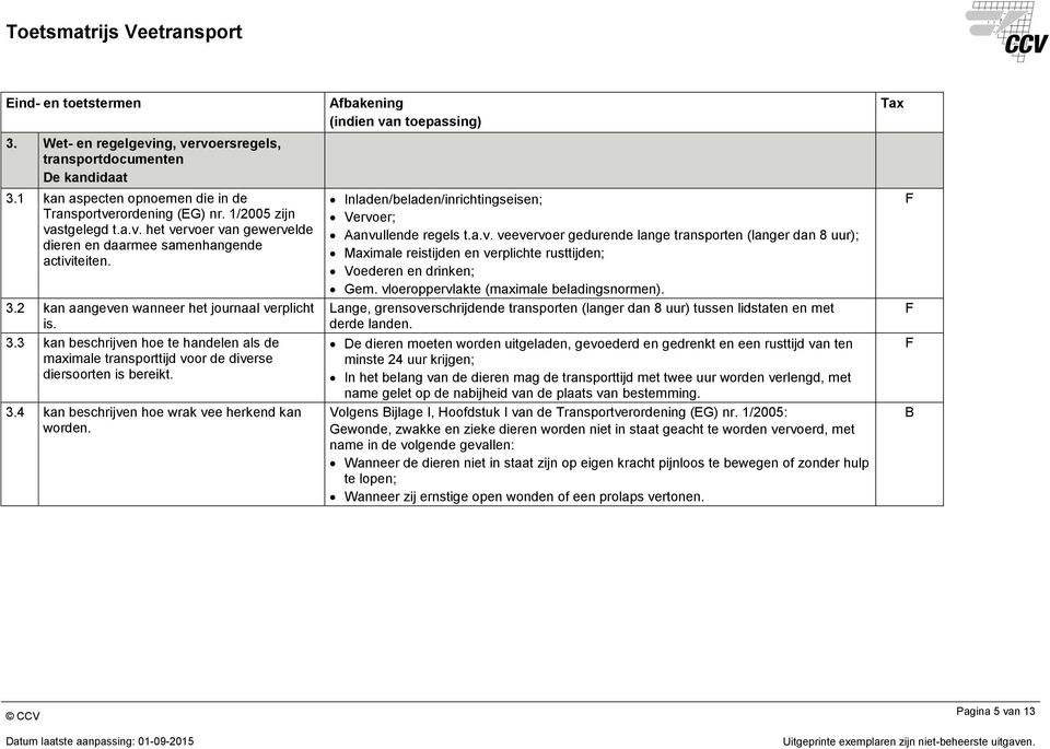 Inladen/beladen/inrichtingseisen; Vervoer; Aanvullende regels t.a.v. veevervoer gedurende lange transporten (langer dan 8 uur); Maximale reistijden en verplichte rusttijden; Voederen en drinken; Gem.