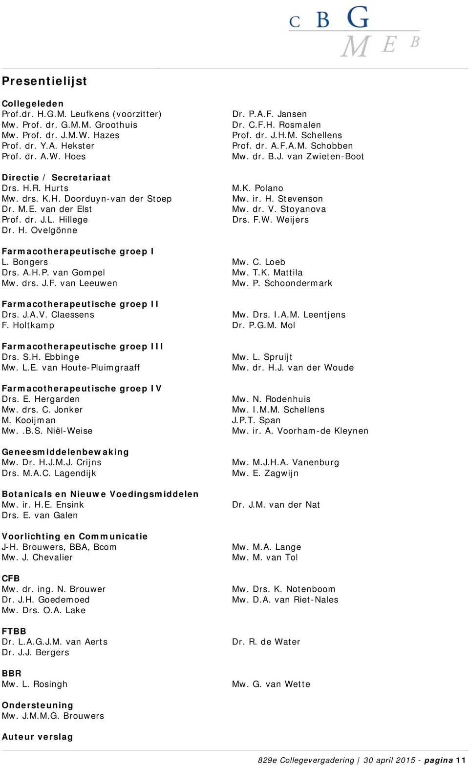 dr. B.J. van Zwieten-Boot M.K. Polano Mw. ir. H. Stevenson Mw. dr. V. Stoyanova Drs. F.W. Weijers Farmacotherapeutische groep I L. Bongers Mw. C. Loeb Drs. A.H.P. van Gompel Mw. T.K. Mattila Mw. drs.