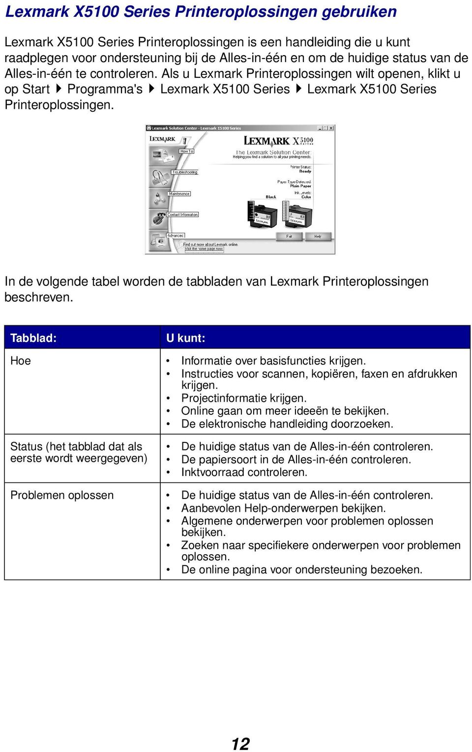 In de volgende tabel worden de tabbladen van Lexmark Printeroplossingen beschreven. Tabblad: U kunt: Hoe Informatie over basisfuncties krijgen.