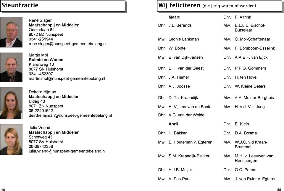 hijman@nunspeet-gemeentebelang.nl Julia Vriend Maatschappij en Middelen Schotweg 43 8077 SV Hulshorst 06-38742358 julia.vriend@nunspeet-gemeentebelang.nl Maart Dhr. J.L. Berends Mw.