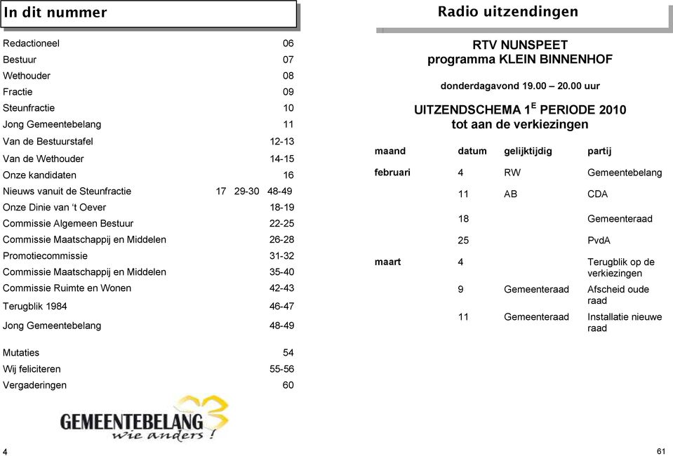 Commissie Ruimte en Wonen 42-43 Terugblik 1984 46-47 Jong Gemeentebelang 48-49 Radio uitzendingen RTV NUNSPEET programma KLEIN BINNENHOF donderdagavond 19.00 20.