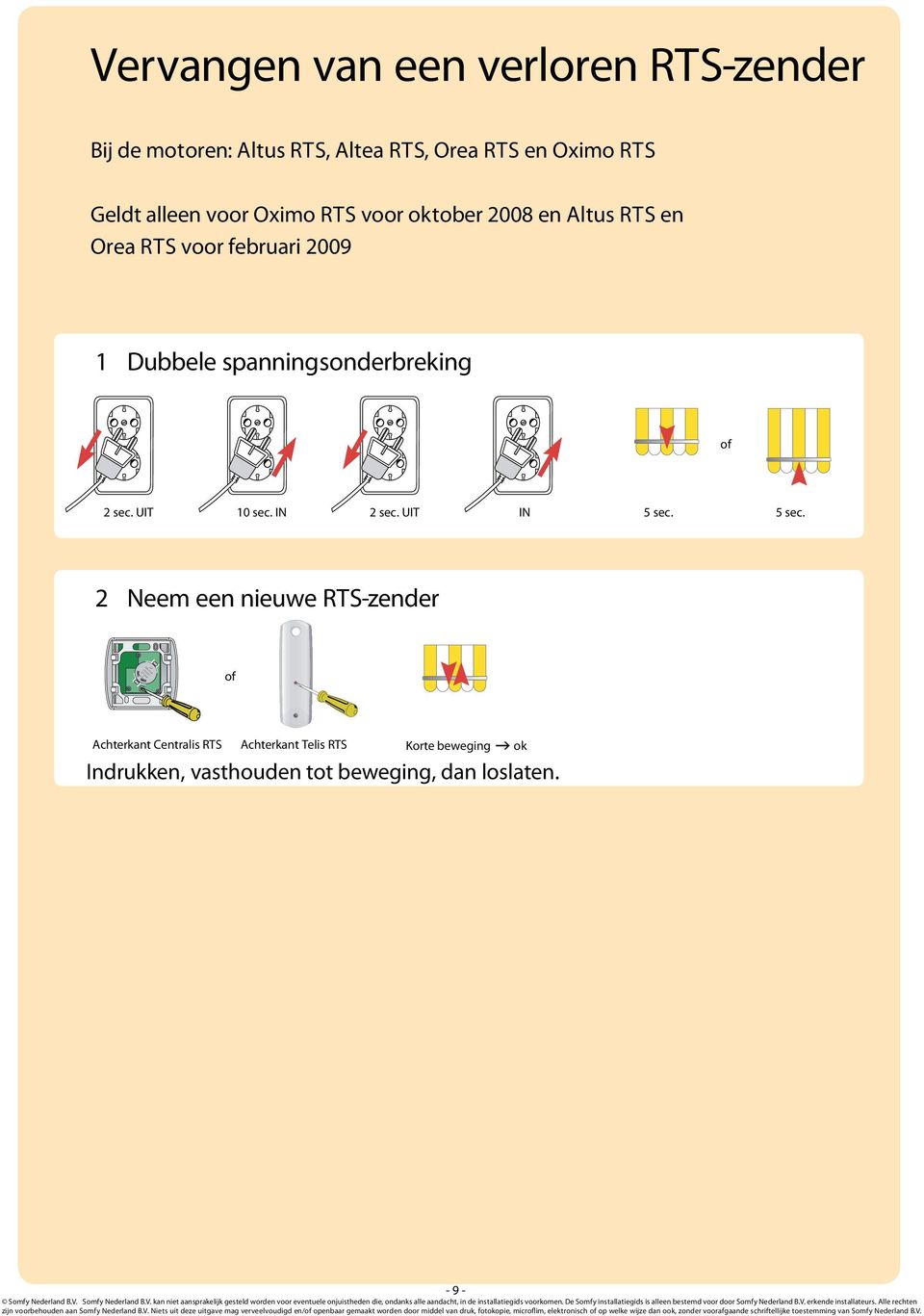 5 sec. 2 Neem een nieuwe RTS-zender Indrukken, vasthouden tot beweging, dan loslaten. - 9 - zijn voorbehouden aan Somfy Nederland B.V.