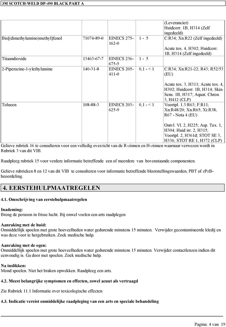 1B, H314 (Zelf inedeeld) 0,1 - < 1 C:R34; Xn:R21-22; R43; R52/53 (EU) Acute tox. 3, H311; Acute tox. 4, H302; Huidcorr. 1B, H314; Skin Sens. 1B, H317; Aquat. Chron. 3, H412 (CLP) 0,1 - < 1 Voortpl. 1.3:R63; F:R11; Xn:R48/20; Xn:R65; Xi:R38; R67 - Nota 4 (EU) Ontvl.
