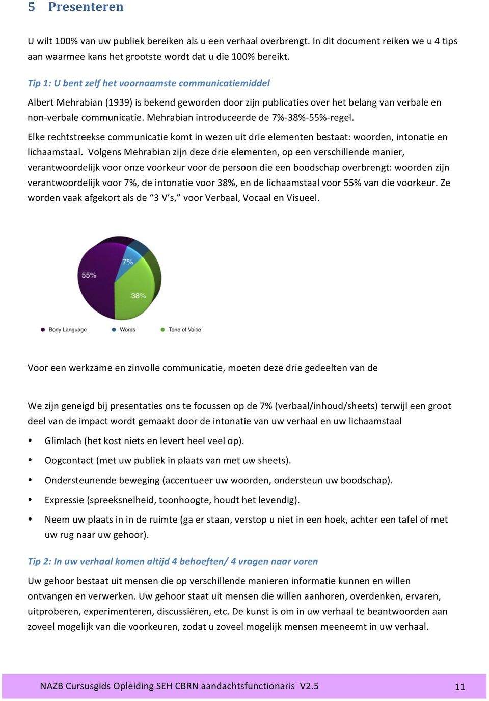 Mehrabian introduceerde de 7%- 38%- 55%- regel. Elke rechtstreekse communicatie komt in wezen uit drie elementen bestaat: woorden, intonatie en lichaamstaal.