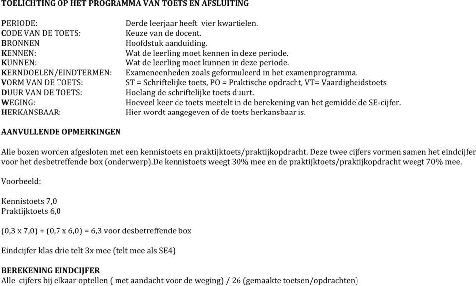 Exameneenheden zoals geformuleerd in het examenprogramma. ST = Schriftelijke, = Praktische opdracht, VT= Vaardigheids Hoelang de schriftelijke duurt.