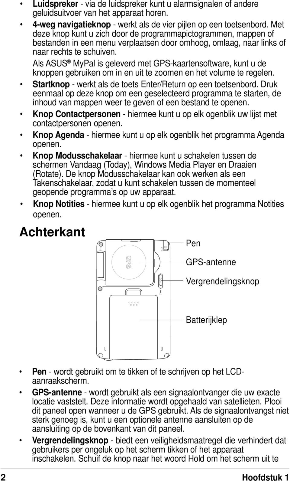 Als ASUS MyPal is geleverd met GPS-kaartensoftware, kunt u de knoppen gebruiken om in en uit te zoomen en het volume te regelen. Startknop - werkt als de toets Enter/Return op een toetsenbord.