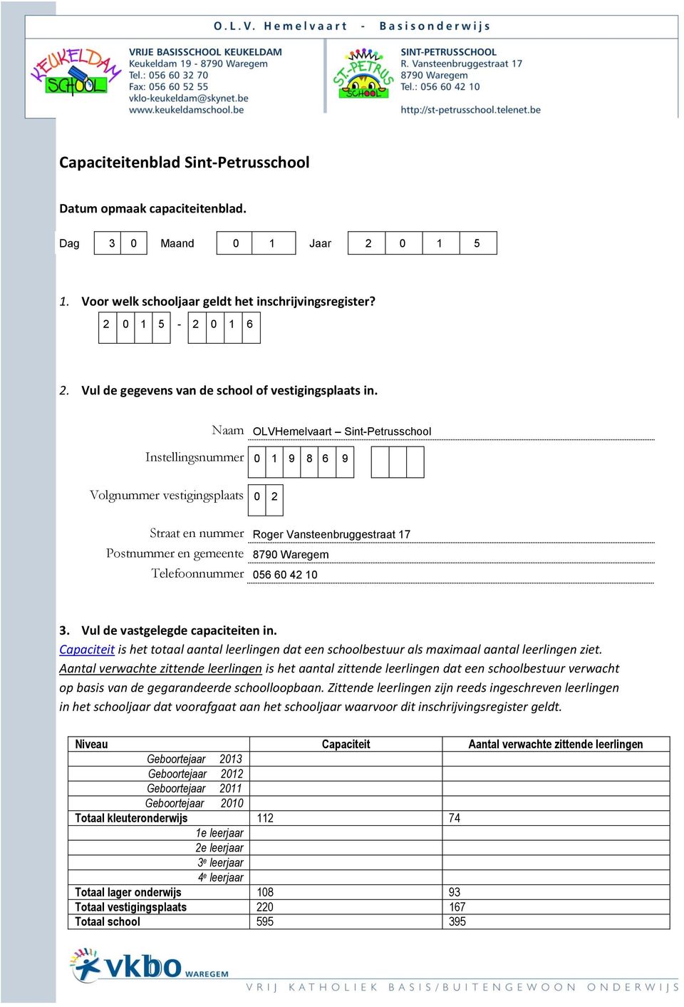 Naam OLVHemelvaart Sint-Petrusschool Instellingsnummer 0 1 9 8 6 9 Volgnummer vestigingsplaats 0 2 Straat en nummer Roger Vansteenbruggestraat 17 Postnummer en gemeente 8790 Waregem Telefoonnummer