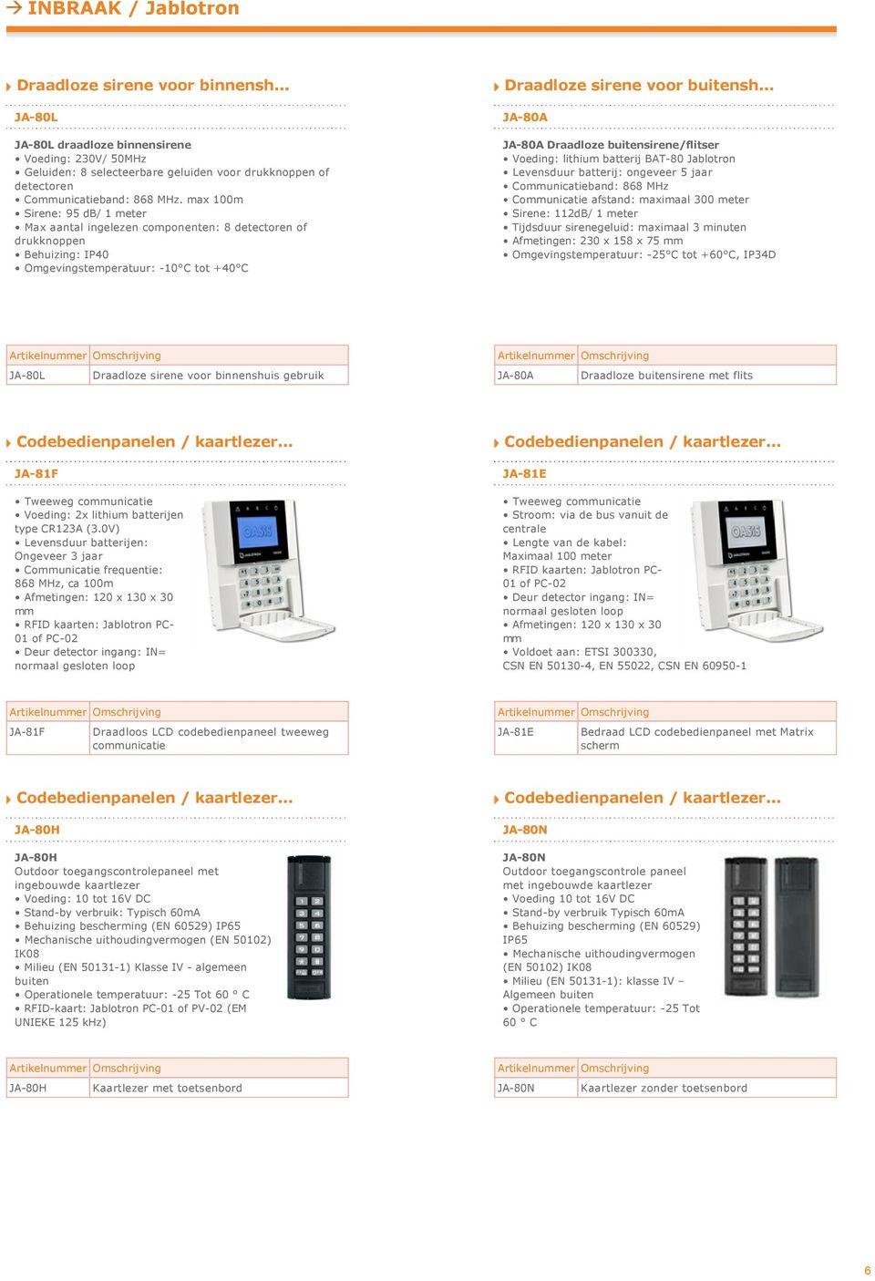 .. JA 80A JA 80A Draadloze buitensirene/flitser Voeding: lithium batterij BAT 80 Jablotron Levensduur batterij: ongeveer 5 jaar Communicatieband: 868 MHz Communicatie afstand: maximaal 300 meter