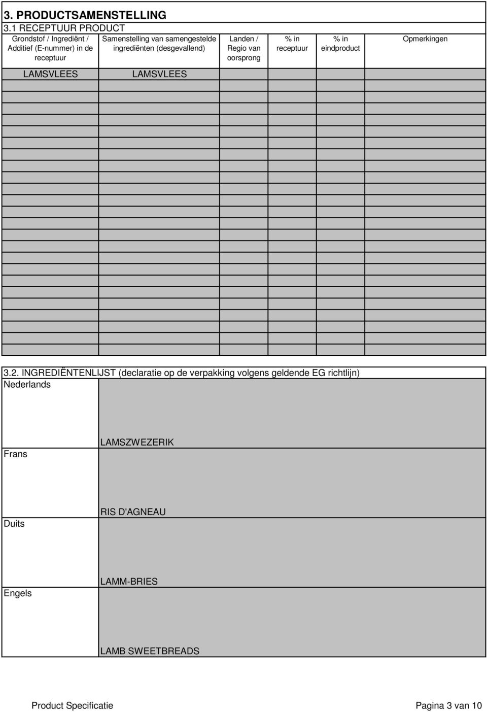 (desgevallend) receptuur Landen / Regio van oorsprong % in receptuur % in eindproduct Opmerkingen LAMSVLEES