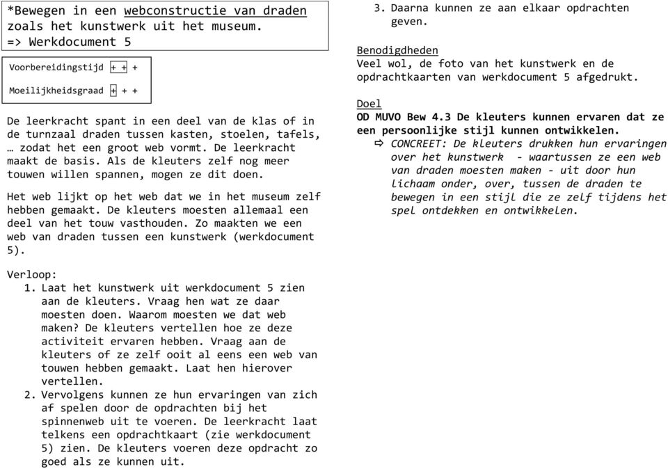 De leerkracht maakt de basis. Als de kleuters zelf nog meer touwen willen spannen, mogen ze dit doen. Het web lijkt op het web dat we in het museum zelf hebben gemaakt.