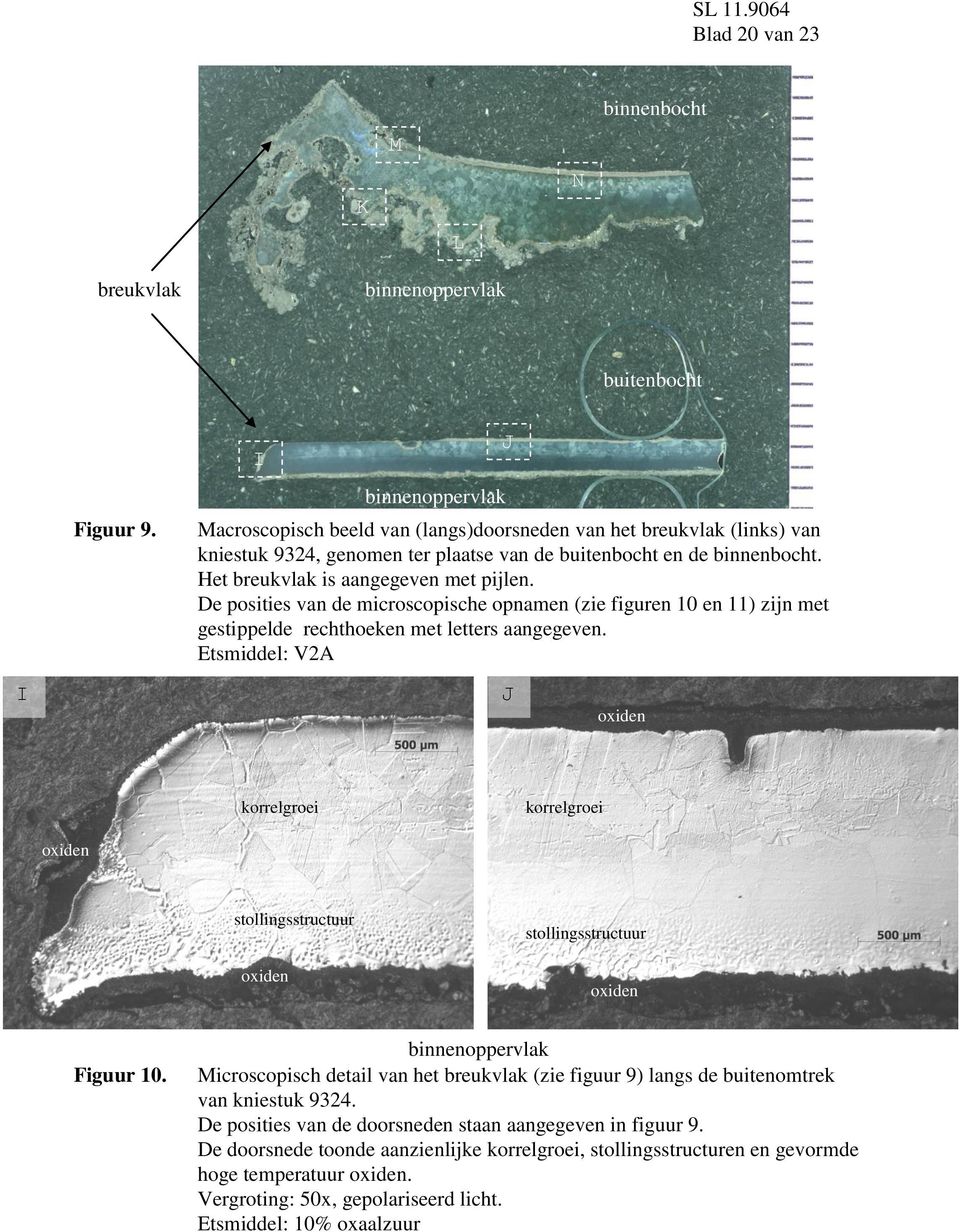 Het breukvlak is aangegeven met pijlen. De posities van de microscopische opnamen (zie figuren 10 en 11) zijn met gestippelde rechthoeken met letters aangegeven.