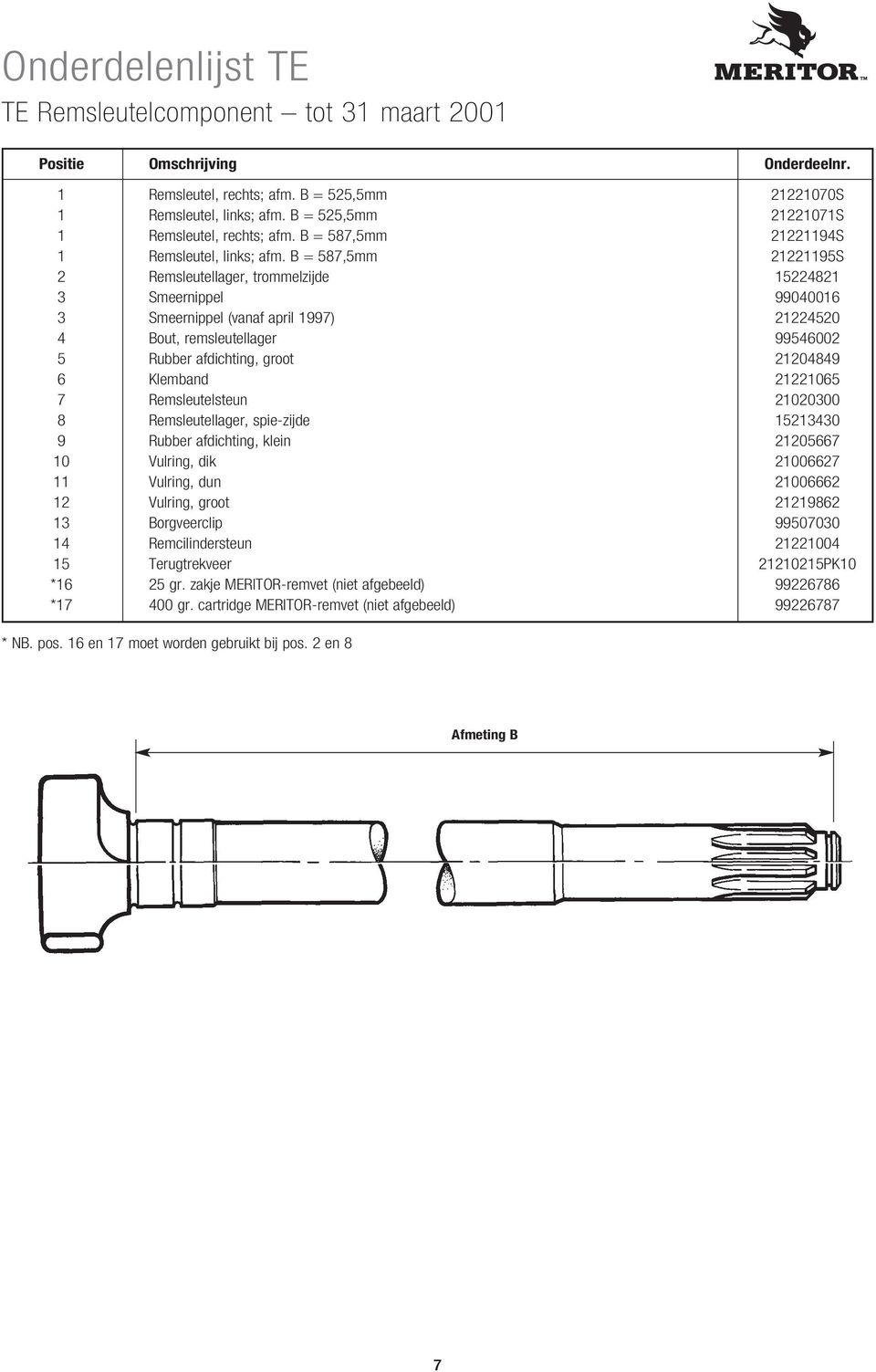 B = 587,5mm 21221195S 2 Remsleutellager, trommelzijde 15224821 3 Smeernippel 99040016 3 Smeernippel (vanaf april 1997) 21224520 4 Bout, remsleutellager 99546002 5 Rubber afdichting, groot 21204849 6