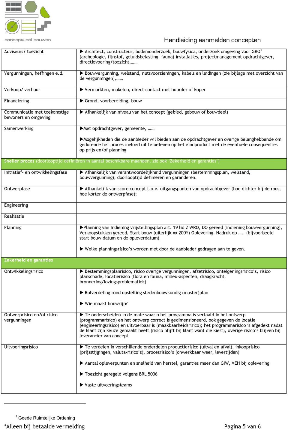 en leidingen (zie bijlage met overzicht van de vergunningen), Vermarkten, makelen, direct contact met huurder of koper Grond, voorbereiding, bouw Afhankelijk van niveau van het concept (gebied,