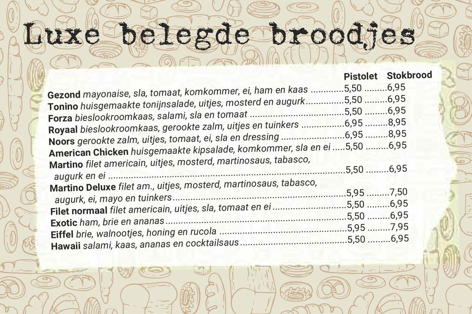 ..5,50...6,95 Martino filet americain, uitjes, mosterd, martinosaus, tabasco, augurk en ei...5,50...6,95 Martino Deluxe filet am., uitjes, mosterd, martinosaus, tabasco, augurk, ei, mayo en tuinkers.