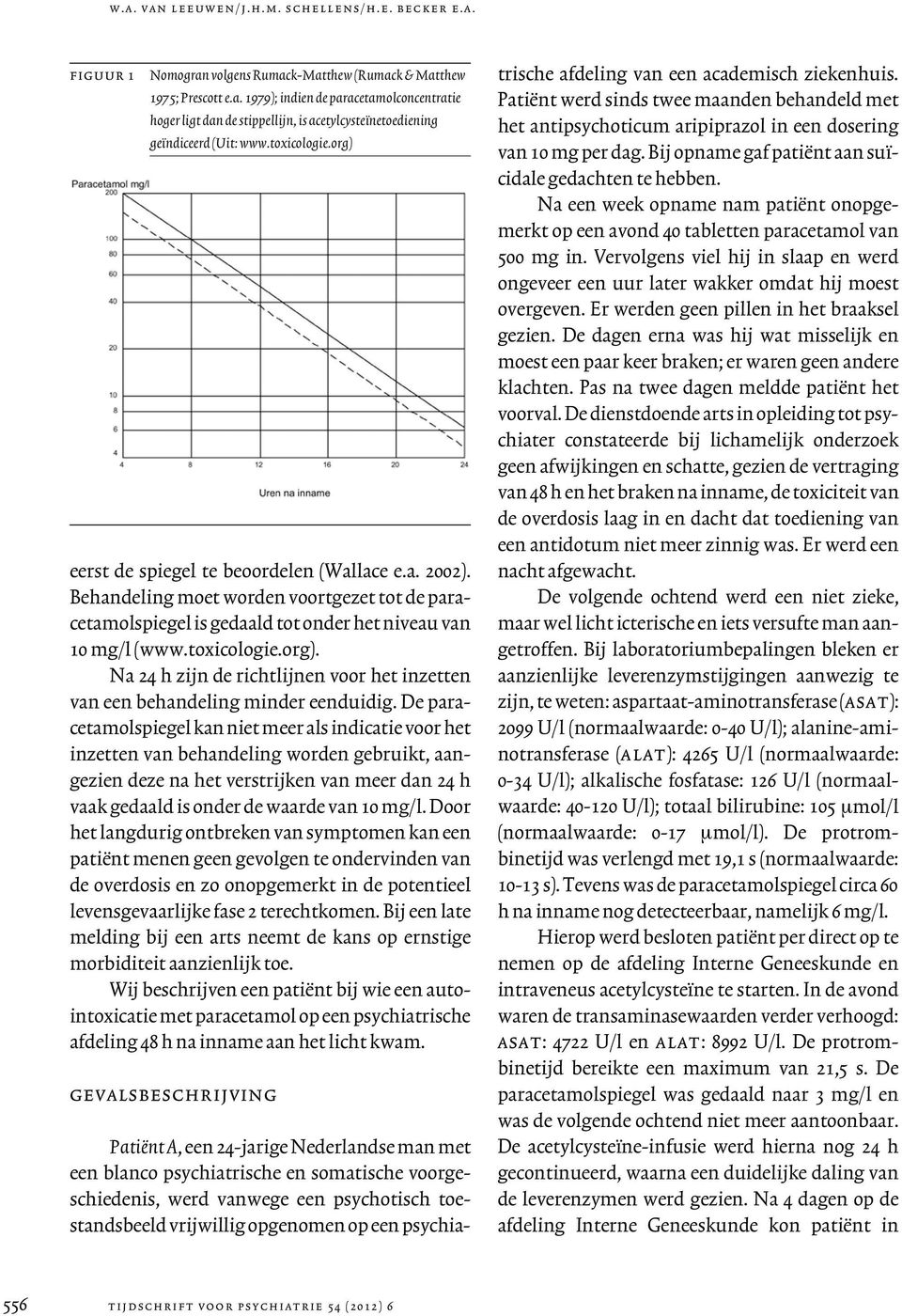 toxicologie.org) eerst de spiegel te beoordelen (Wallace e.a. 2002). Behandeling moet worden voortgezet tot de paracetamolspiegel is gedaald tot onder het niveau van 10 mg/l (www.toxicologie.org). Na 24 h zijn de richtlijnen voor het inzetten van een behandeling minder eenduidig.