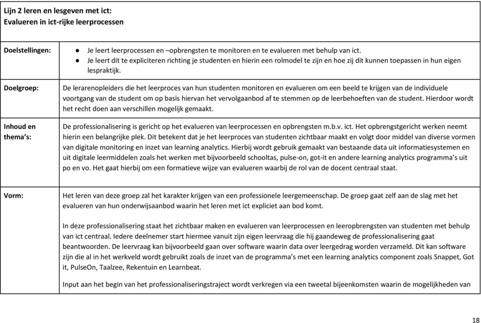 Doelgroep: Inhoud en thema s: De lerarenopleiders die het leerproces van hun studenten monitoren en evalueren om een beeld te krijgen van de individuele voortgang van de student om op basis hiervan