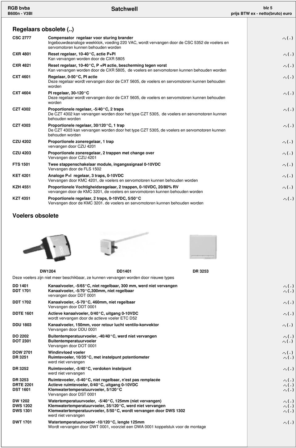 ) Kan vervangen worden door de CXR 5805 CXR 4821 Reset regelaar, 10-40 C, P +PI actie, bescherming tegen vorst.-, (.