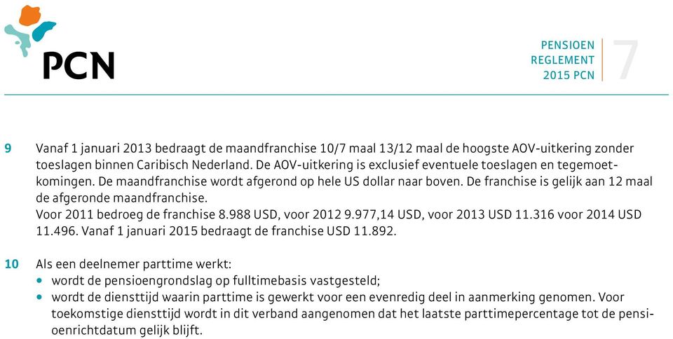 Voor 2011 bedroeg de franchise 8.988 USD, voor 2012 9.977,14 USD, voor 2013 USD 11.316 voor 2014 USD 11.496. Vanaf 1 januari 2015 bedraagt de franchise USD 11.892.