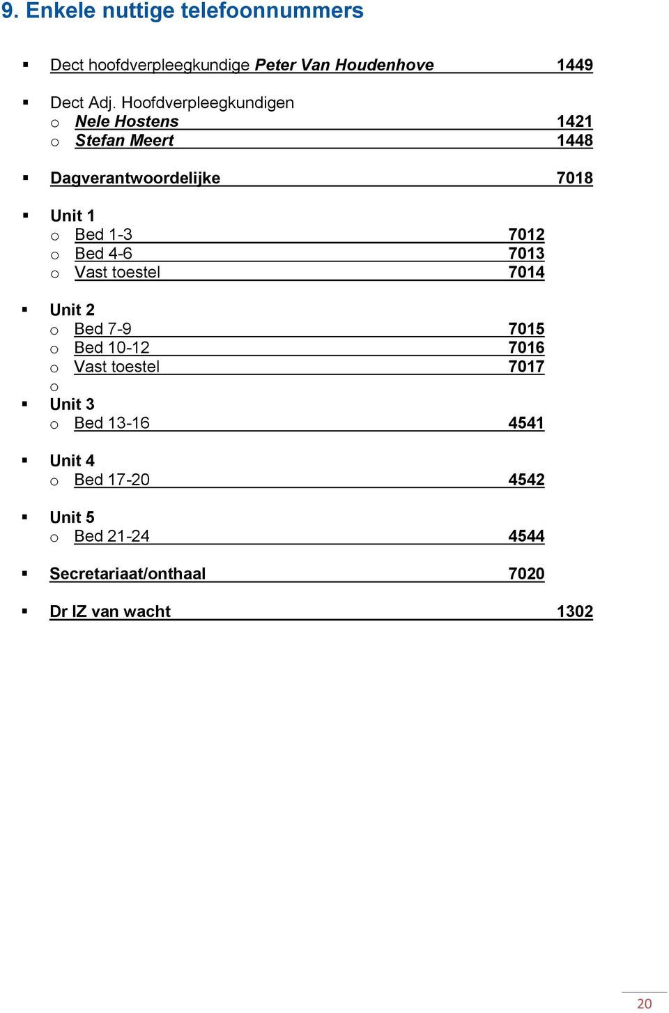 7012 o Bed 4-6 7013 o Vast toestel 7014 Unit 2 o Bed 7-9 7015 o Bed 10-12 7016 o Vast toestel 7017 o Unit