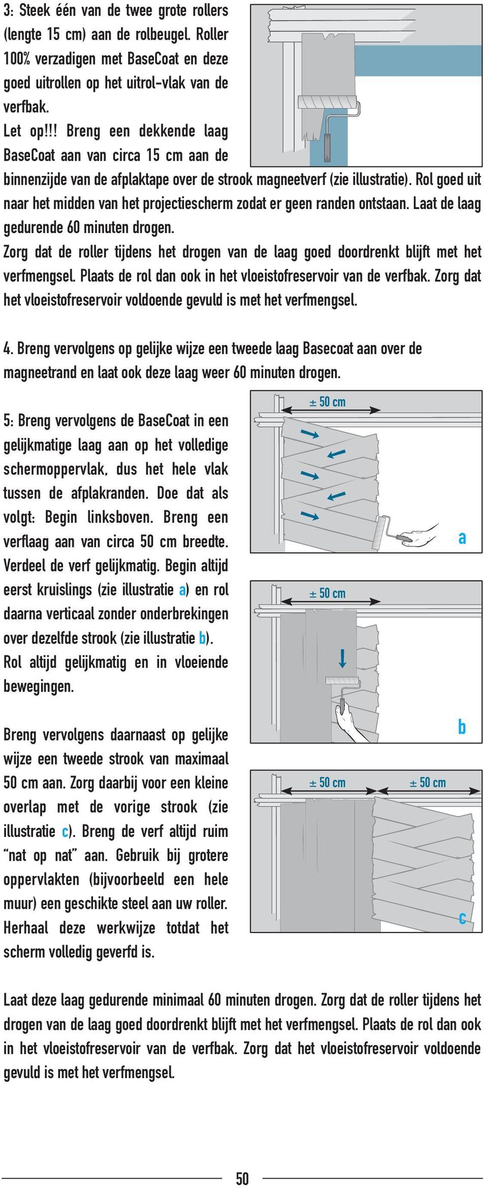 Rol goed uit naar het midden van het projectiescherm zodat er geen randen ontstaan. Laat de laag gedurende 60 minuten drogen.