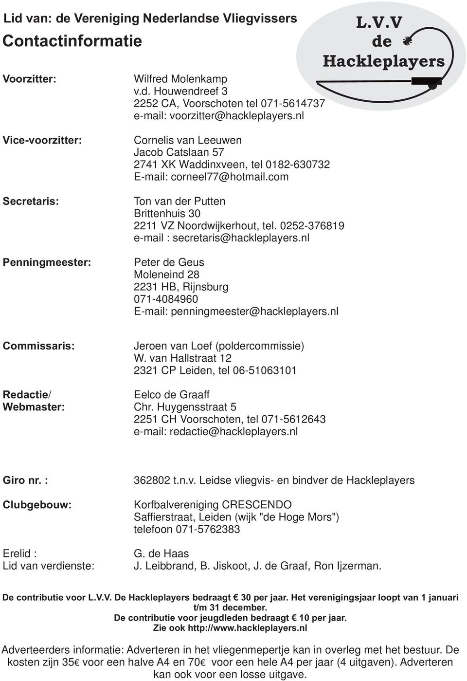 nl Peter de Geus Moleneind 28 2231 HB, Rijnsburg 071-4084960 E-mail: penningmeester@hackleplayers.nl Commissaris: Jeroen van Loef (poldercommissie) W.