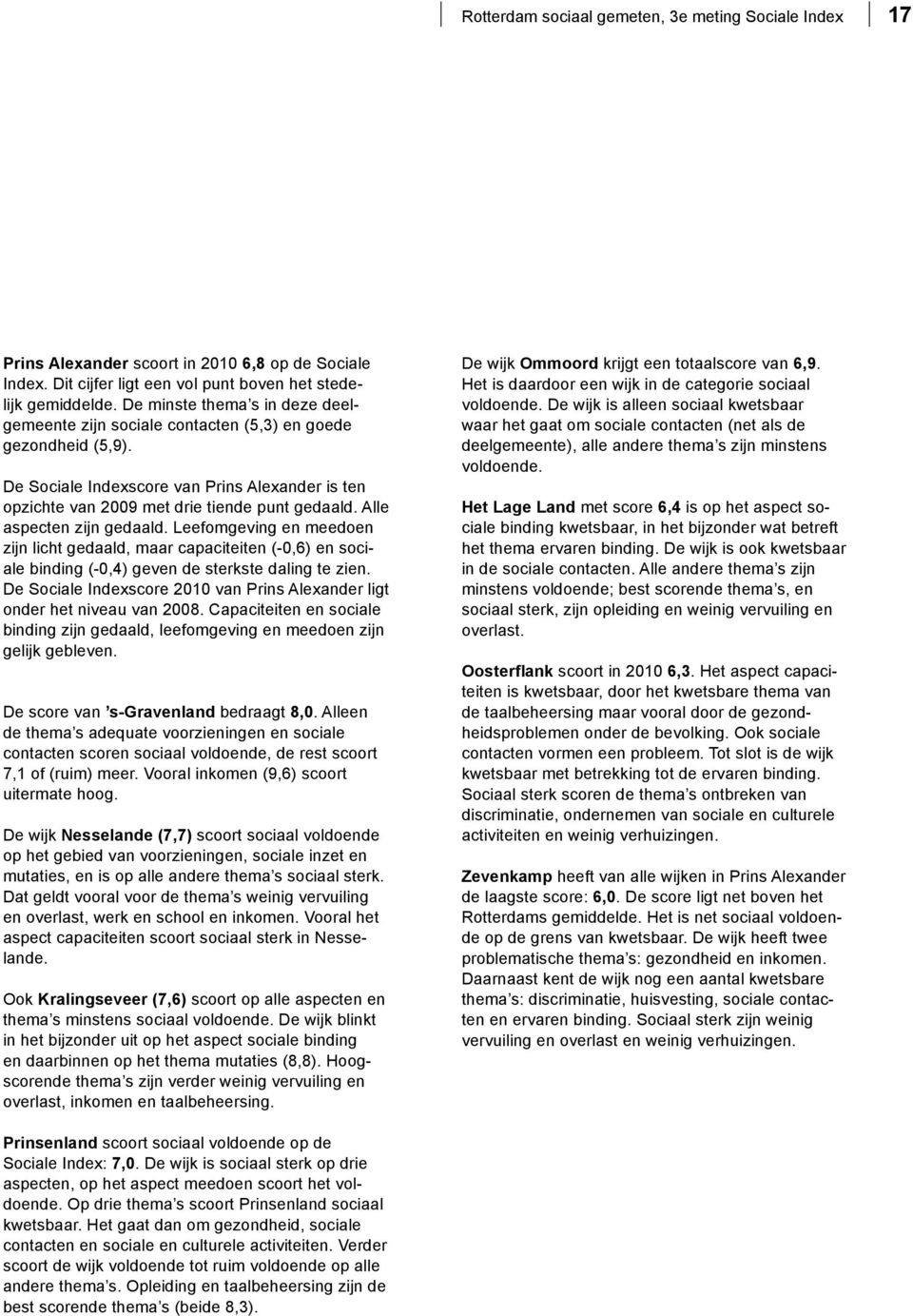 Alle aspecten zijn gedaald. Leefogeng en zijn licht gedaald, aar (-0,6) en binding (-0,4) geven de sterkste daling te zien. De Sociale Indexore 2010 van Prins Alexander ligt onder het niveau van 2008.