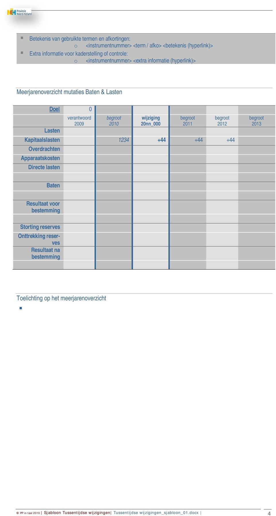 wijziging 20nn_000 2011 2012 Kapitaalslasten 1234 +44 +44 +44 Overdrachten Apparaatskosten Directe lasten 2013 Baten Resultaat voor Storting