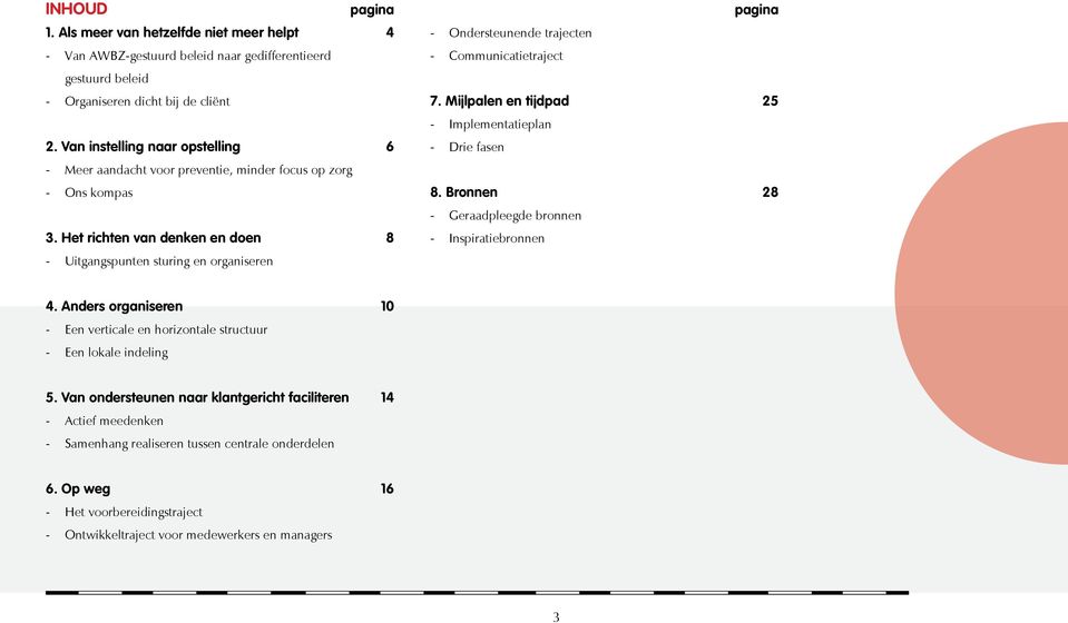 Mijlpalen en tijdpad 25 - Implementatieplan 2. Van instelling naar opstelling 6 - Drie fasen - Meer aandacht voor preventie, minder focus op zorg - Ons kompas 8. Bronnen 28 - Geraadpleegde bronnen 3.